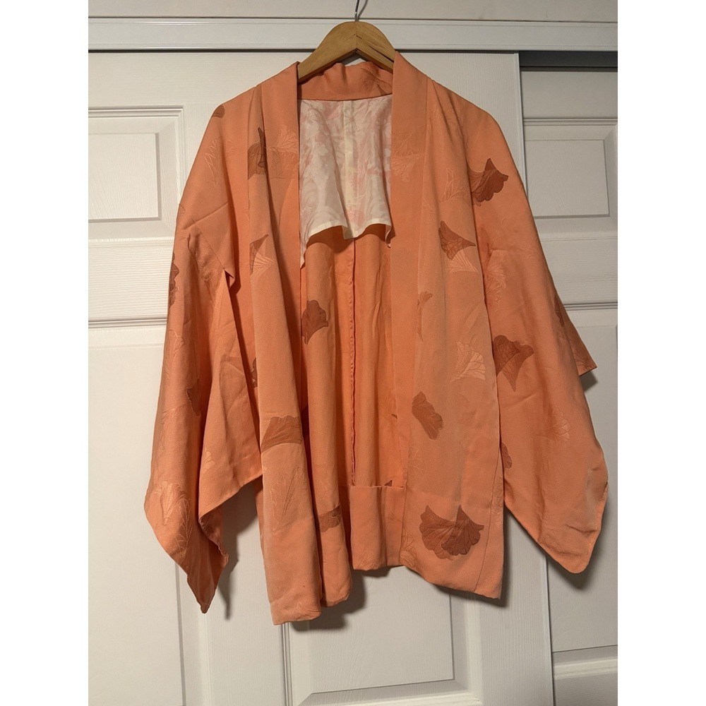 Vintage Japanese Kaori Short Kimono Cardigan Jacket Peach Orange Silk Floral